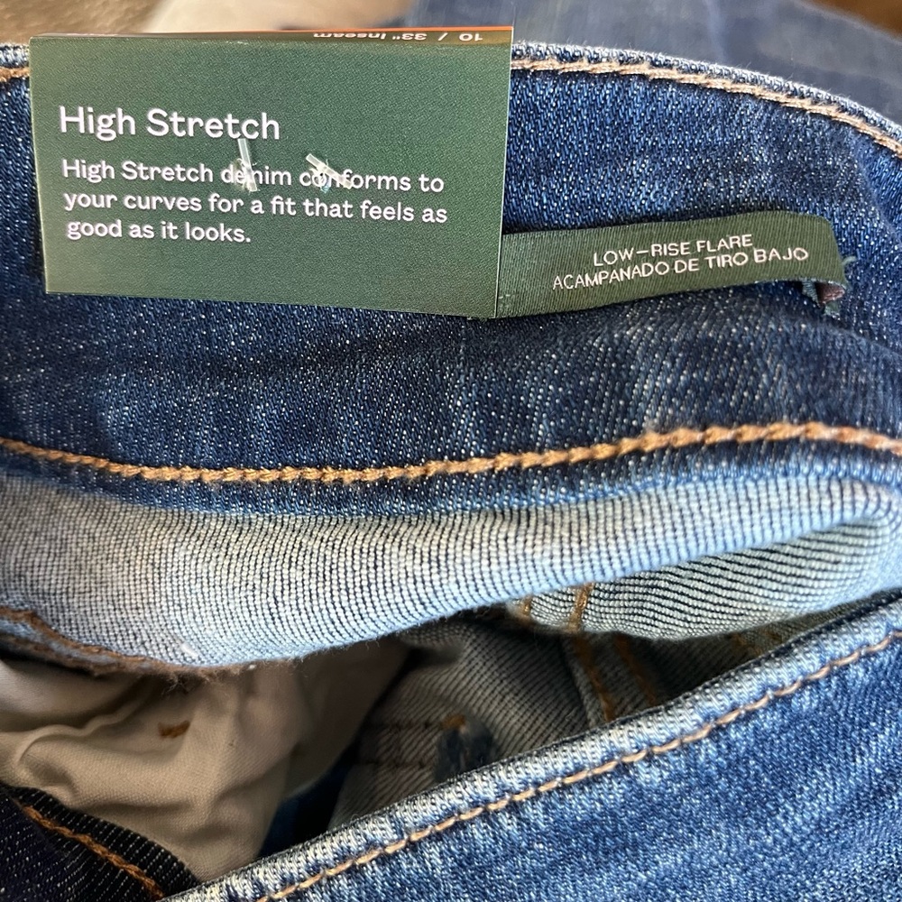 Low-Rise, FLARE, STRETCH denim jeans; women’s SIZE 10; Medium wash; “Wild Fable” - Picture 2 of 4